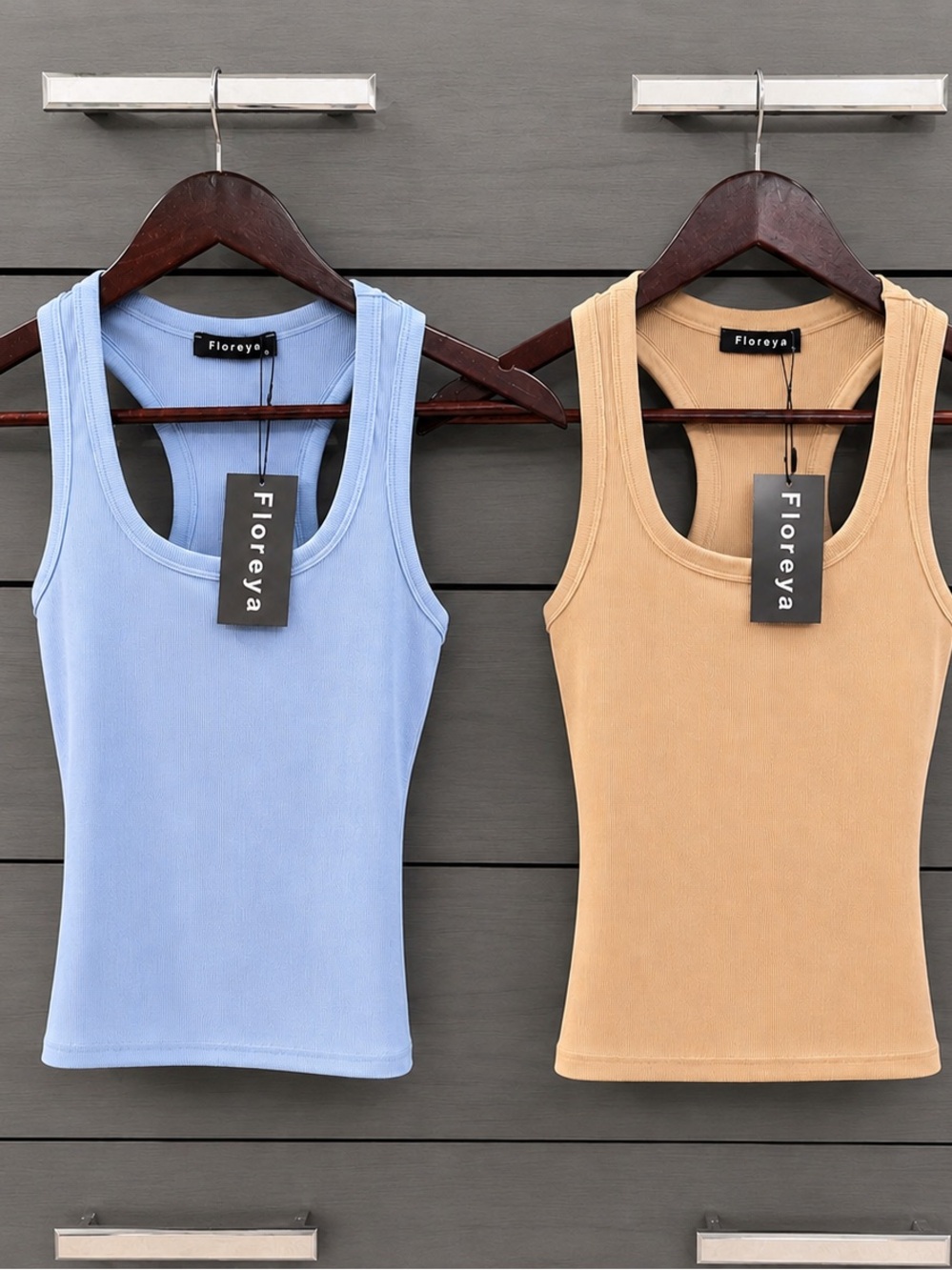 Women's Ribbed Tank Top - Light Blue & Camel